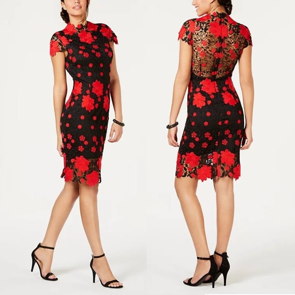 LAUNDRY by SHELLI SEGAL Lace Mock Neck Floral Sheath Cocktail Party Knee Dress